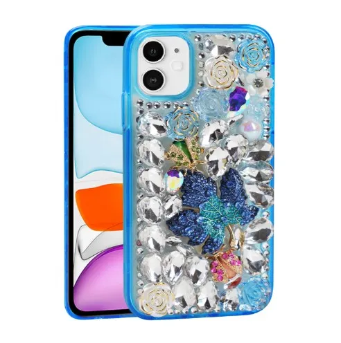 iPhone 11 Luxury Diamond Case With Leaf Design & Strap Blue