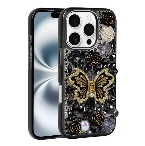 iPhone 16 Pro Luxury Diamond Butterfly Kickstand Case With Strap Black