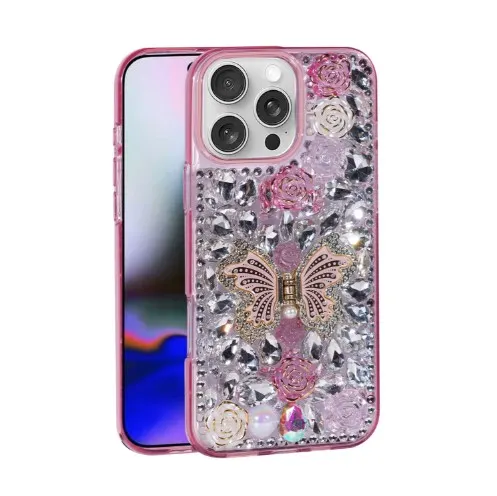 iPhone 16 Pro Max Luxury Diamond Butterfly Kickstand Case With Strap Pink
