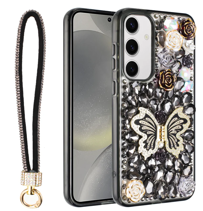 Galaxy S25ULTRA Luxury Diamond Butterfly Kickstand Case with Strap Black
